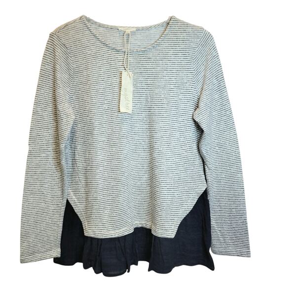 Mystree Tops - Mystree Tunic Sweater Top Long Sleeve Stripe Large White Navy Knit Mix Media